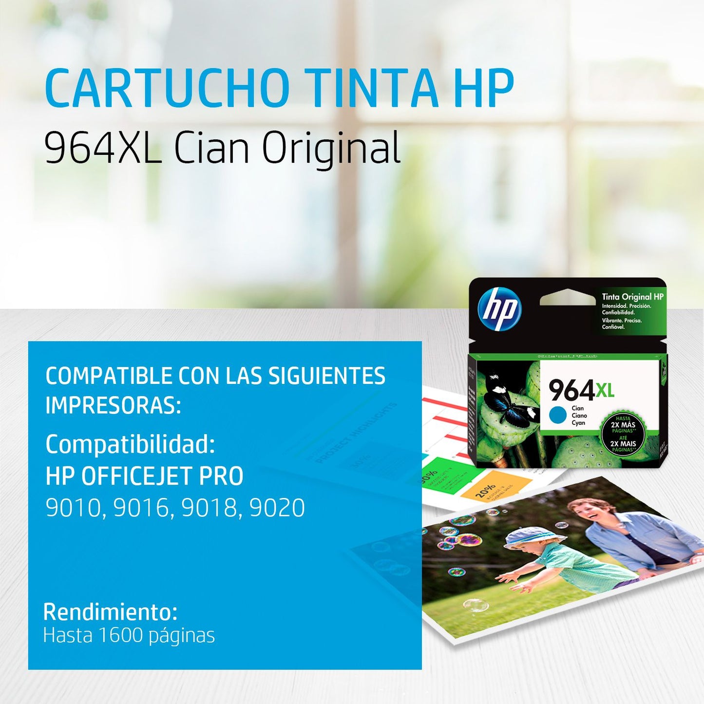 3JA54AL Cartucho HP 964XL Alto Rendimiento Cian Original, 1600 Páginas