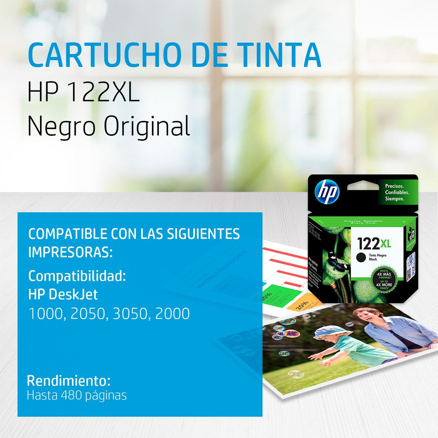 CH563HL Cartucho HP 122XL Negro Original, 480 Páginas