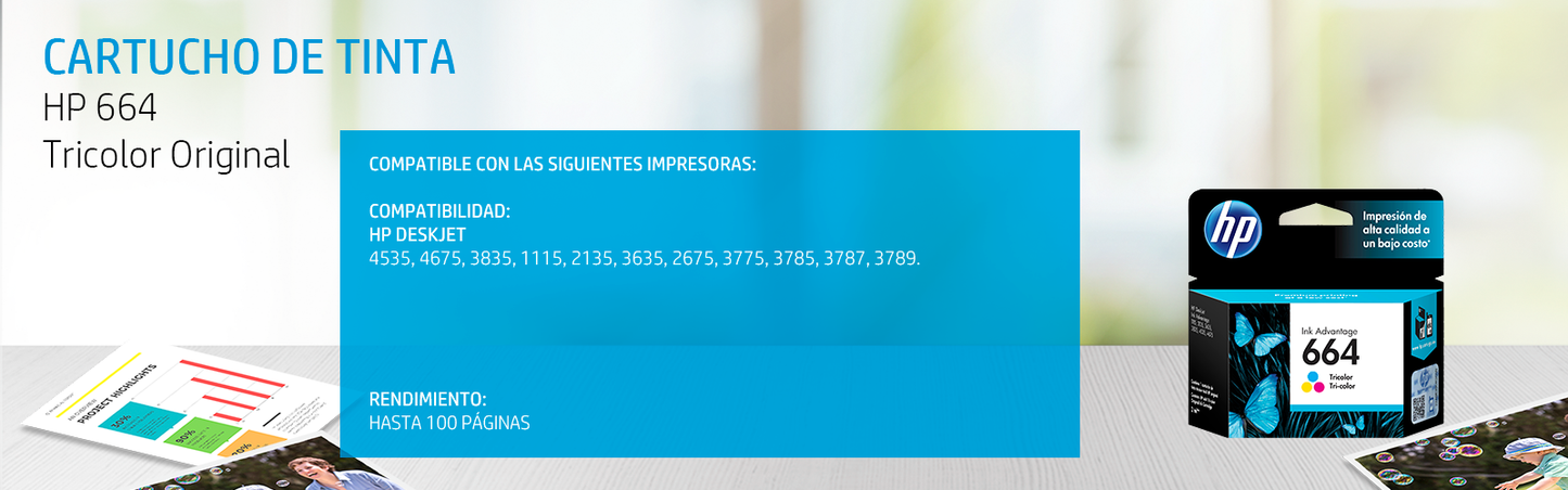 F6V28AL Cartucho HP 664 Tricolor Original, 100 Páginas