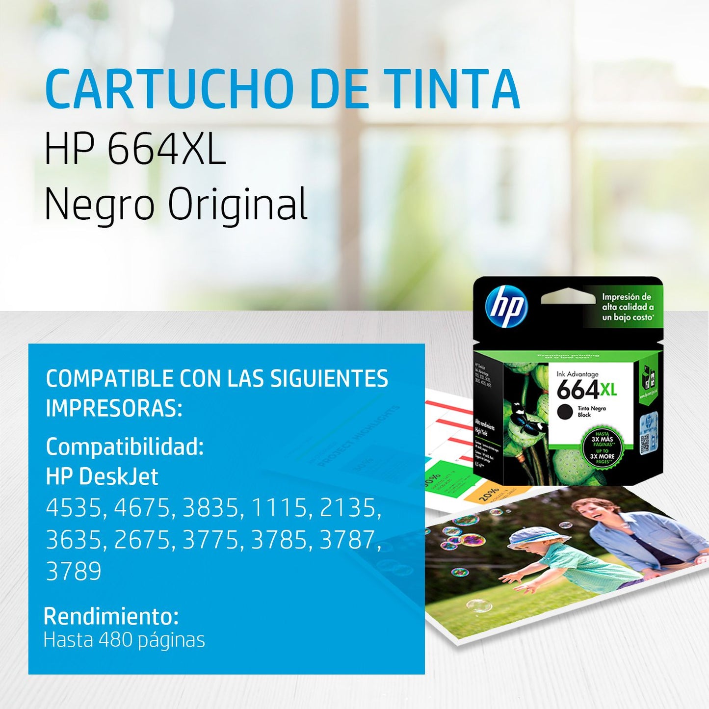 F6V31AL Cartucho HP 664XL Alto Rendimiento Negro Original, 480 Páginas