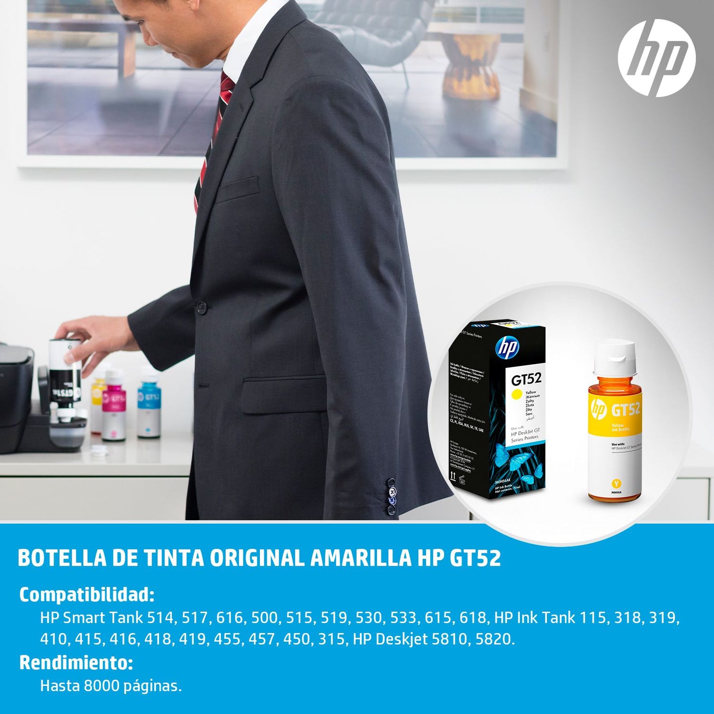 M0H56AL Botella de Tinta HP GT52 Amarillo Original, 70ml