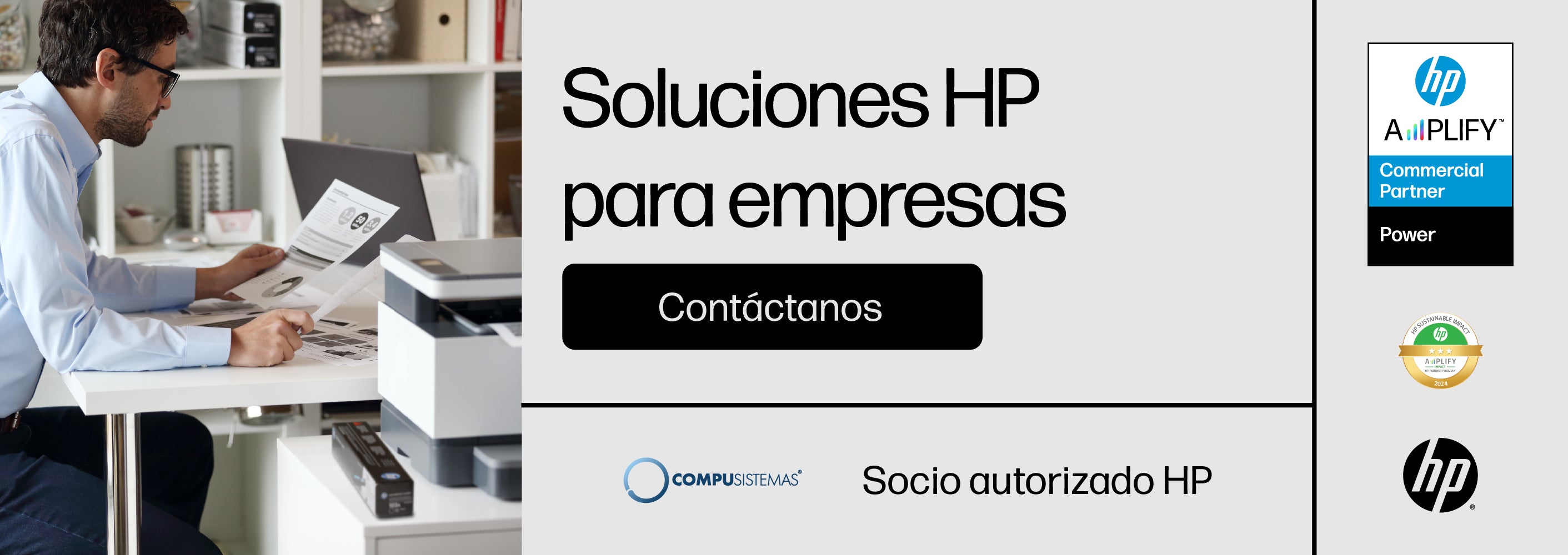 Banner de Compusistemas con soluciones HP para empresas; socio autorizado HP en México. Contáctanos para asesoría tecnológica personalizada