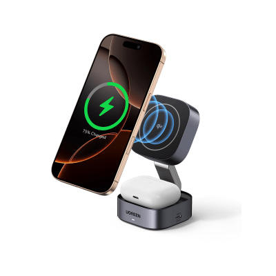 Cargador Inalámbrico 2 en 1 UGREEN 35316 | Qi2 15W Teléfono + Qi 5W Auriculares + USB-C 5W | 25W Total | Diseño Discreto para Escritorio Ejecutivo y Viaje | Cable USB-C Incluido | SKU 35316