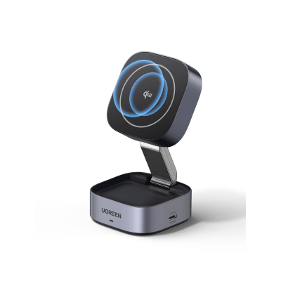 Cargador Inalámbrico 2 en 1 UGREEN 35316 | Qi2 15W Teléfono + Qi 5W Auriculares + USB-C 5W | 25W Total | Diseño Discreto para Escritorio Ejecutivo y Viaje | Cable USB-C Incluido | SKU 35316