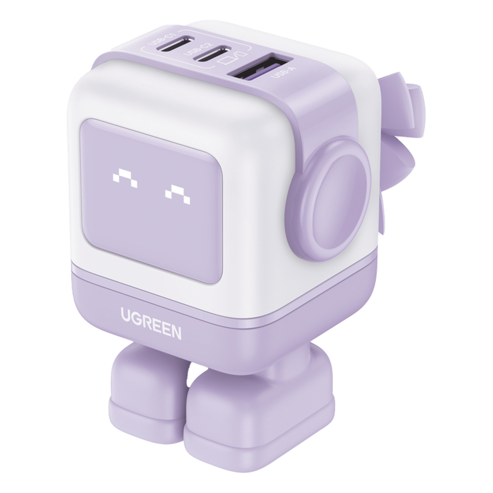 Cargador UGREEN RobotGaN 35314B | 65W GaN II | 2×USB-C + 1×USB-A | PD 3.0 QC 4.0 | MacBook Air iPad iPhone Galaxy | 45W+20W Simultáneo | LED Animada | Zapato Magnético | SKU 35314B