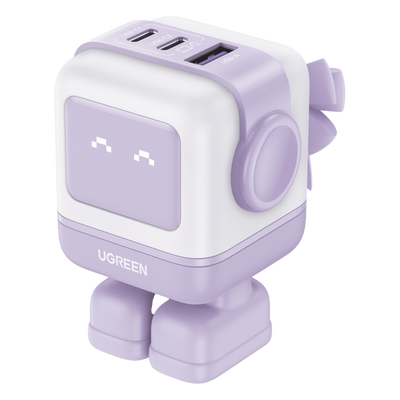 Cargador RobotGaN de 65W Serie UNO | 3 Puertos de Carga Rápida | 2 USB-C | 1 USB-A | PD 3.0 | QC 4.0 | Carga Inteligente | Tecnología GaN II | Zapato Magnético Extraíble | Carcasa Ignífuga | Pantalla LED