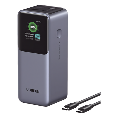 Power Bank de 20000mAh | 3 Salidas 130W Max. | USB-A + 2 USB-C | PD 3.0 | QC3.0 | FCP | SCP | Pantalla Inteligente | Carcasa Ignifuga | Color Gris | Incluye Cable USB de 50cm | Carga tu Laptop de Manera Segura.