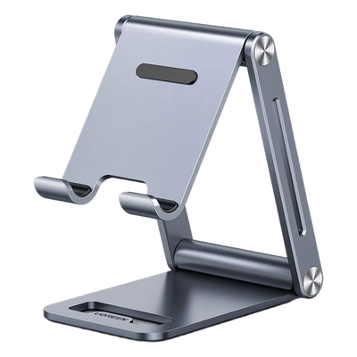 Soporte para Teléfono Celular de Aluminio | Angulo Ajustable | Amplia Compatibilidad con dispositivos de 4.7'' a 7.9'' | Antideslizante | Antiarañazos | Plegable | Color Gris.