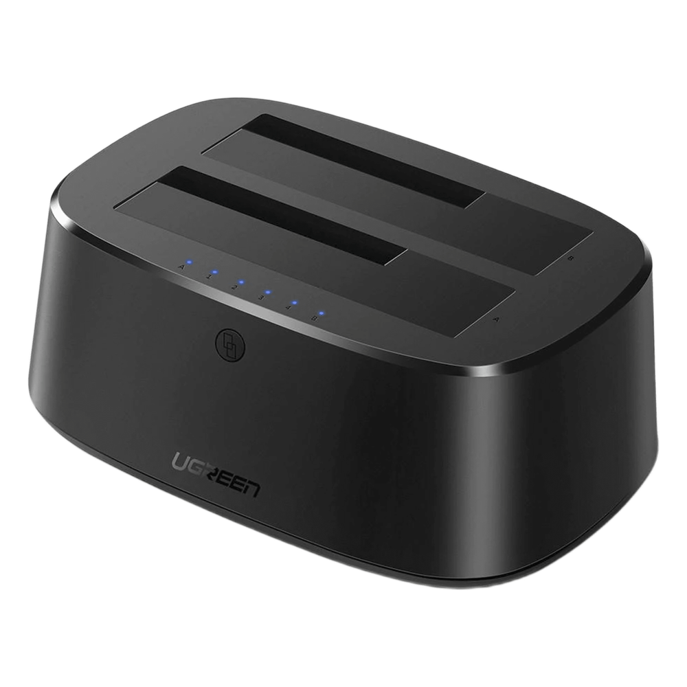 Dock Doble Bahía UGREEN 50854 | USB 3.0 + UASP | SATA 2.5″+3.5″ | Clonación Offline sin PC | 12TB/bahía | LED Progreso | 12V/3A | Migración HDD→SSD | SKU 50854