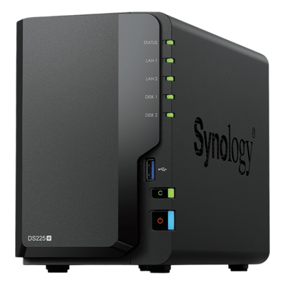 NAS DiskStation DS225+ | 2 Bahías | Intel Celeron J4125 | 2 GB DDR4 | Hasta 40 TB | Puertos 1GbE y 2.5GbE | USB 3.2 Gen 1 | Compatible con RAID | Synology DSM.