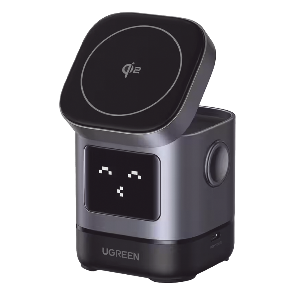 Cargador Inalámbrico Robot UGREEN Qi2 45775 | 15W iPhone 16 15 (= MagSafe) | 5W AirPods | 5W Apple Watch USB-C | 3 Dispositivos Simultáneos | Pantalla Expresiones | Imán N48H | SKU 45775