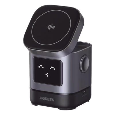 Cargador Inalámbrico Robot 2 en 1 UGREEN Qi2 / 15W Ultra Rápido para iPhone / 5W para AirPods / Pantalla Inteligente con Expresiones / Imanes N48H / Puerto USB-C 5W para Apple Watch / Compatibilidad MPP