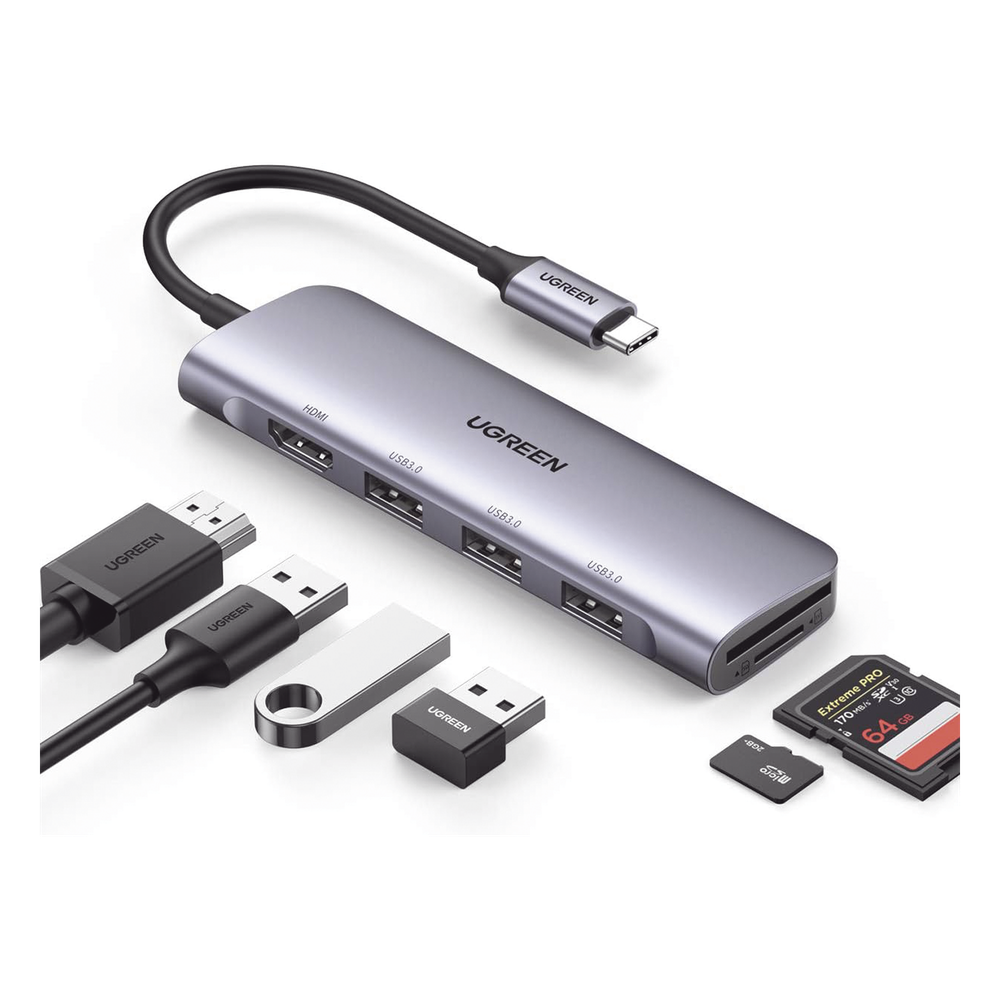 HUB USB-C (Docking Station) 6 en 1 | HDMI 4K@30Hz | 3 Puertos USB 3.0 | Lector Tarjeta SD + Micro SD (TF) Uso Simultáneo | Chip de Última Generación | Potente Disipación de Calor |  Caja de Aluminio.
