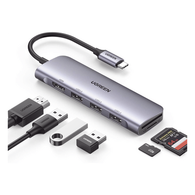 HUB USB-C (Docking Station) 6 en 1 | HDMI 4K@30Hz | 3 Puertos USB 3.0 | Lector Tarjeta SD + Micro SD (TF) Uso Simultáneo | Chip de Última Generación | Potente Disipación de Calor |  Caja de Aluminio.