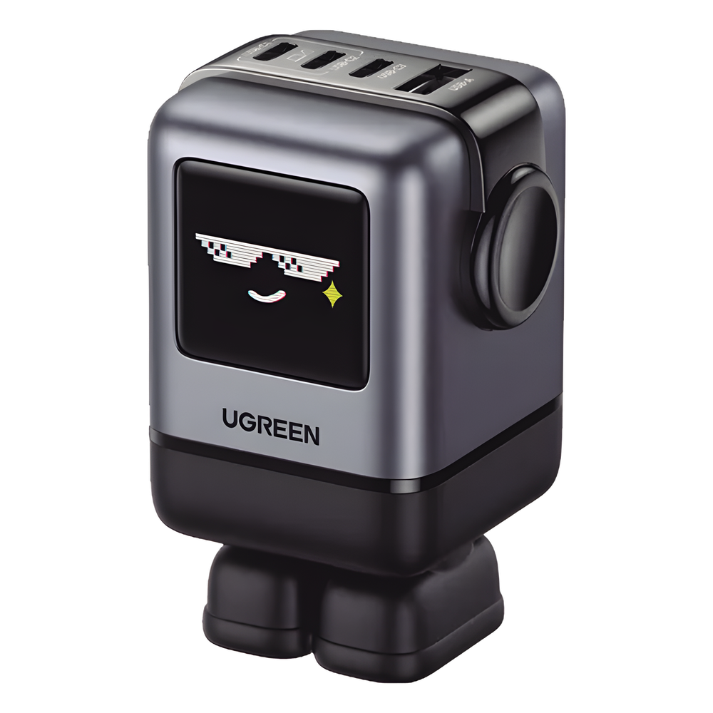 Cargador RobotGaN UGREEN 100W Serie UNO 45514B | GaN II | 3×USB-C + 1×USB-A | PD 3.0 + QC 4.0+ + FCP/SCP | Pantalla LED | Zapato Magnético | 4 Dispositivos Simultáneos | Compañero del Robot Qi2 | SKU 45514B