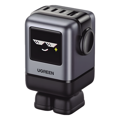 Cargador RobotGaN de 100W Serie UNO | 4 Puertos de Carga Rápida | 3 USB-C | 1 USB-A | PD 3.0 | QC 4.0 | Carga Inteligente | Tecnología GaN II | Zapato Magnético Extraíble | Carcasa Ignífuga | Pantalla LED