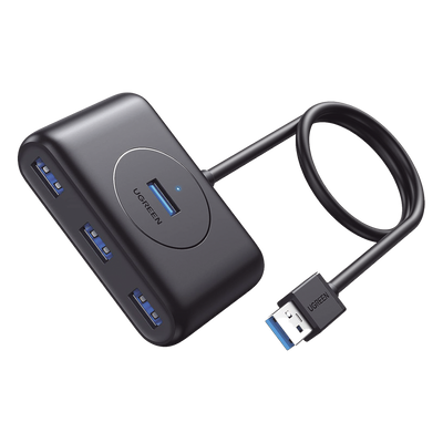 HUB USB-A 3.0 4 en 1 | 4 Puertos USB-A 3.0 (5Gbps) | Entrada USB-C (PD 5V2A) | Cable de 1 Metro | Indicador Led | Ideal para Transferencia de Datos | Entrada USB-C para alimentar equipos de mayor consumo | Color Negro.