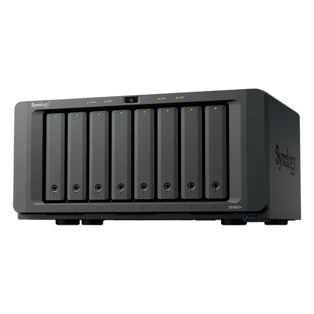 NAS Synology DS1825+ | 8 Bahías + Expansión a 18 | AMD Ryzen V1500B 4 Núcleos | 8GB DDR4 ECC hasta 32GB | 2×2.5GbE + PCIe 3.0 (10/25GbE) | M.2 NVMe Caché | Hasta 360TB | SMB Empresarial | SKU DS1825+