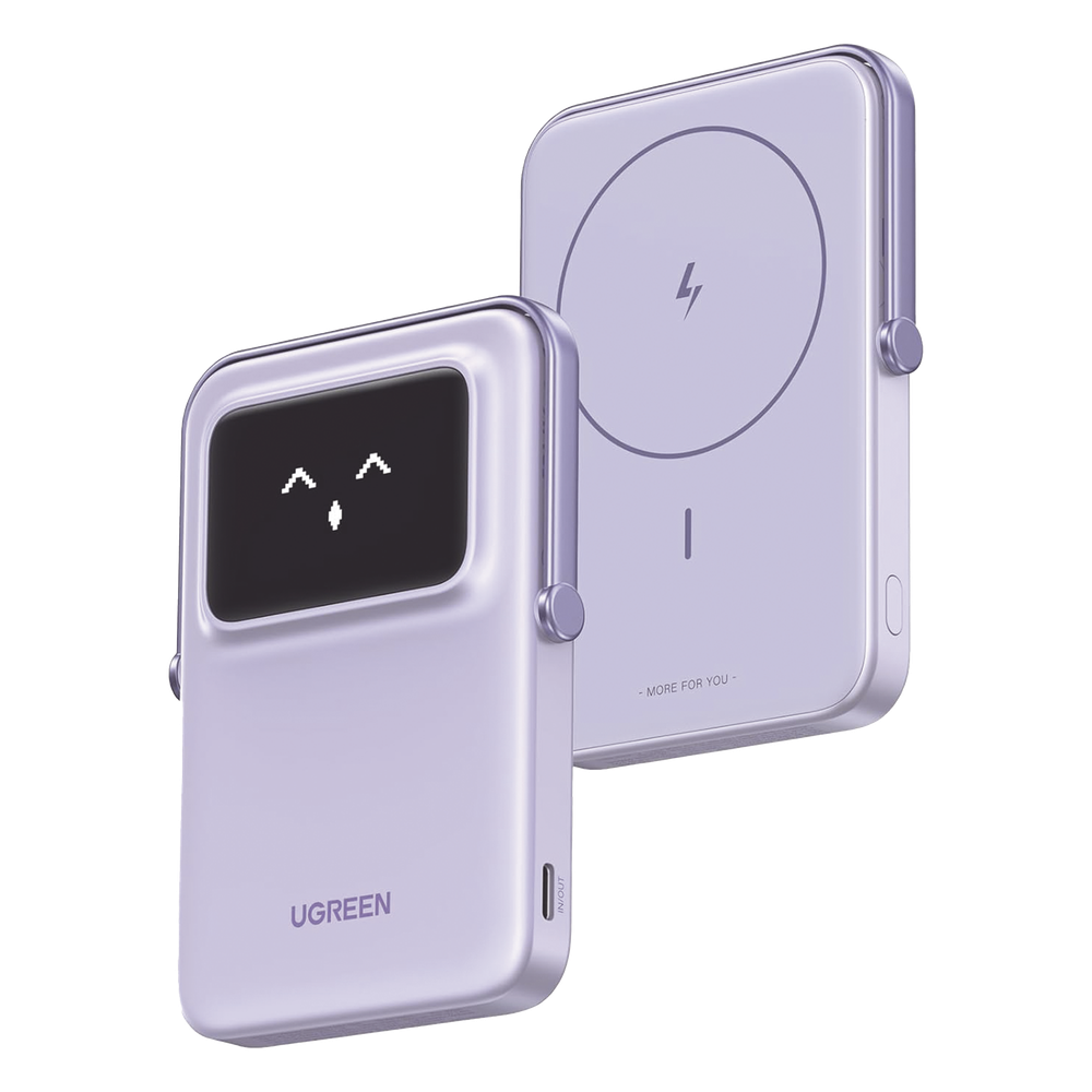 Power Bank UGREEN 10000mAh Magnético | MagSafe iPhone 12 13 14 15 16 | 7.5W Inalámbrico + 20W USB-C PD | Pantalla TFT Emojis | Soporte Plegable | Color Morado | SKU 45328