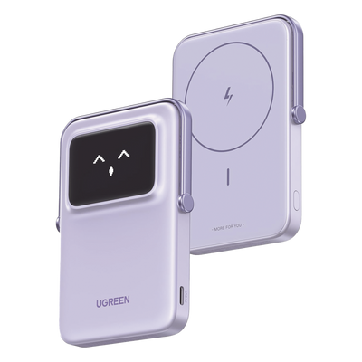 Power Bank Serie UNO Inalambrico | 10000mAh | 7.5W/20W  |  Con Emojis de Estado | Carga Rápida USB-C Bidireccional  | Pantalla TFT  Inteligente | Con Holder | Color Purple.