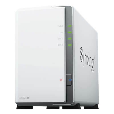 NAS DiskStation DS223j | 2 Bahías | CPU Realtek RTD1619B 1.7 GHz | 1 GB DDR4 | Puerto 1GbE RJ-45 | USB 3.2 Gen 1 | Compatible con HDD y SSD | Synology DSM | RAID 0, 1, JBOD | SMB, AFP, NFS, FTP | Vigilancia IP