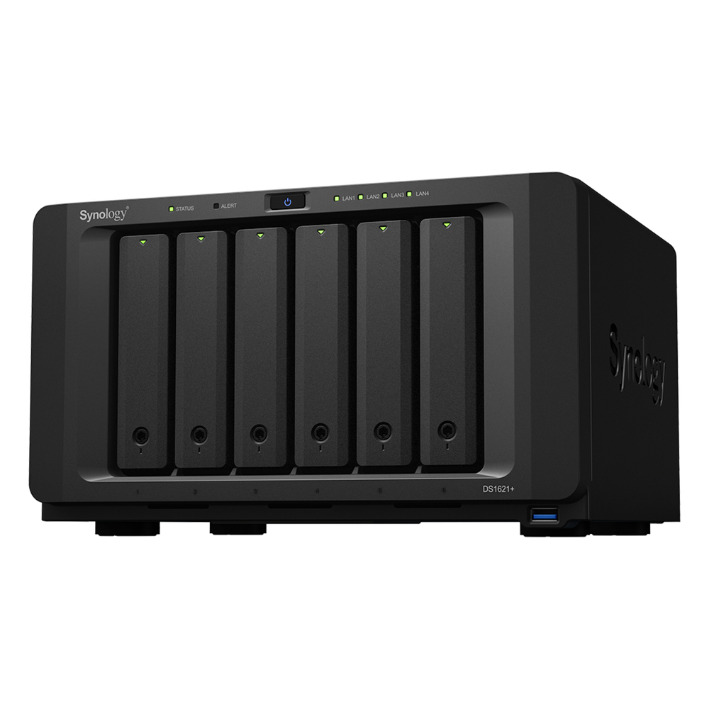 NAS Synology DS1621+ | 6 Bahías (exp. 16) | AMD Ryzen V1500B 4C | 4GB DDR4 ECC (max 32GB) | 10GbE | 2×M.2 NVMe | RAID 6 | Btrfs | VM + Docker | Active Backup | SKU DS1621+