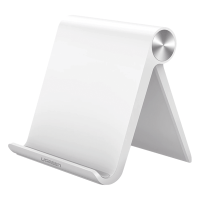 Soporte de Escritorio para Tablet /  Ajustable de 0° a 100° / Goma Antiarañazos / Antideslizante / Amplia Compatibilidad con dispositivos de 4'' a 13'' / Plegable / ABS / Color Blanco