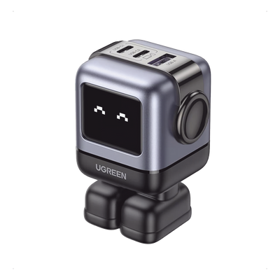 Cargador RobotGaN de 65W Serie UNO | 3 Puertos de Carga Rápida | 2 USB-C | 1 USB-A | PD 3.0 | QC 4.0 | Carga Inteligente | Tecnología GaN II | Zapato Magnético Extraíble | Carcasa Ignífuga | Pantalla LED