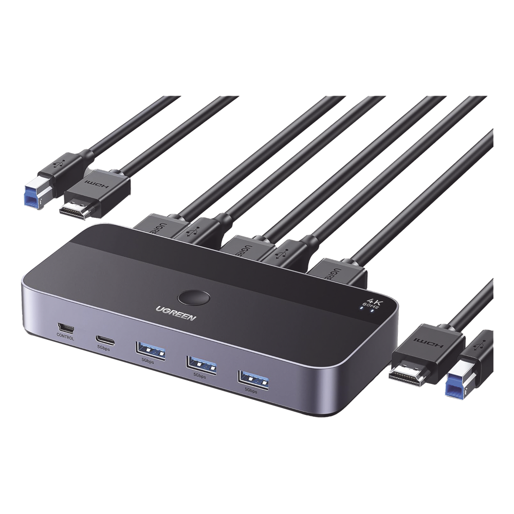 Conmutador KVM HDMI 4K | HDMI 2.0 | 2 Entradas 1 Salida | 4 Puertos USB 3.0 (3 USB-A *1 USB-C) | Soporta 4K@60Hz | HDR | Indicador Led | Compatible Win, MacOs y Linux | Carcasa de Aluminio.