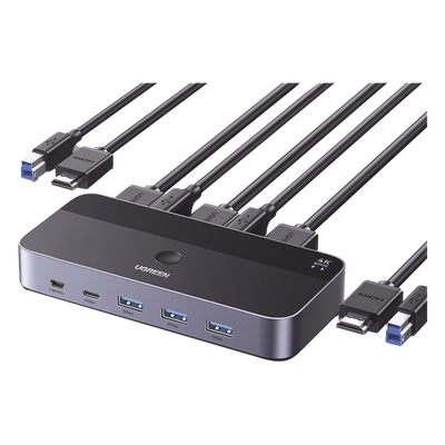 Conmutador KVM HDMI 4K | HDMI 2.0 | 2 Entradas 1 Salida | 4 Puertos USB 3.0 (3 USB-A *1 USB-C) | Soporta 4K@60Hz | HDR | Indicador Led | Compatible Win, MacOs y Linux | Carcasa de Aluminio.