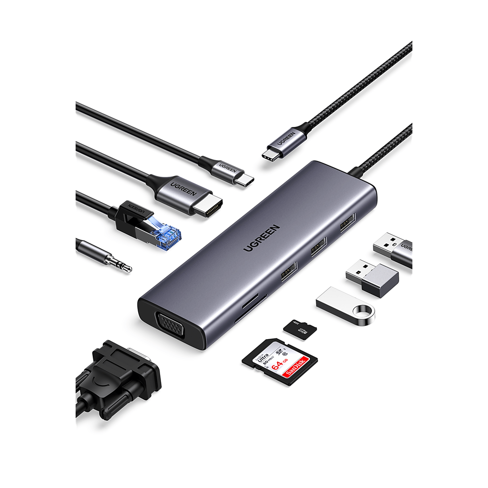 Hub USB-C 10 en 1 UGREEN 15601 | HDMI 4K@30Hz + VGA 1920x1200 Doble Pantalla | 3×USB-A 3.0 | Ethernet Gigabit | SD/TF | PD 92W | Audio 3.5mm | ThinkPad Dell HP MacBook Pro | SKU 15601