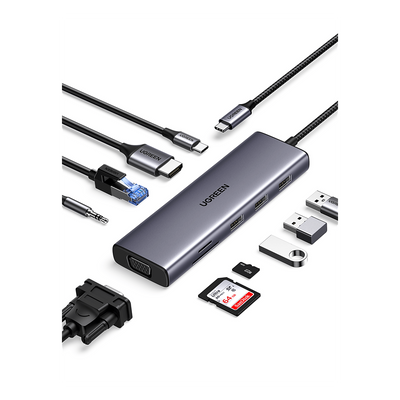 Hub USB-C 10 en 1 / HDMI 4K@30Hz + VGA 1920x1200 / 3x USB 3.0 5Gbps / Ethernet Gigabit / SD/TF Card Reader / PD 100W / Audio 3.5mm / Doble Pantalla Simultánea / Plug & Play Universal