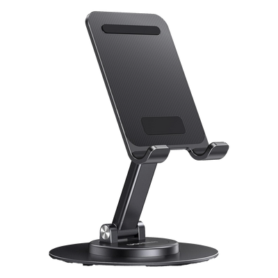 Soporte para Teléfono Celular Giratorio | 360° de Rotación | Angulo Ajustable | Altura Ajustable 17-20cm  | Antideslizante | Ejes Giratorios de Alta Precisión| Plegable | Aluminio | Color Gris