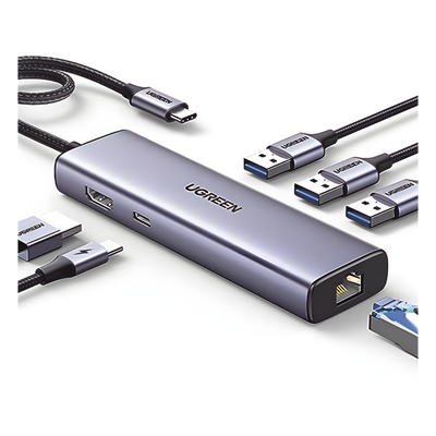HUB USB-C (Docking Revodok) 6 en 1 | 3 Puertos USB-A 3.0 (5 Gbps) | USB-C PD 100W | HDMI 4K@30Hz | Entrada 1 RJ45 (Gigabit Ethernet) | Chip de Última Generación | Potente Disipación de Calor |  Caja de Aluminio.