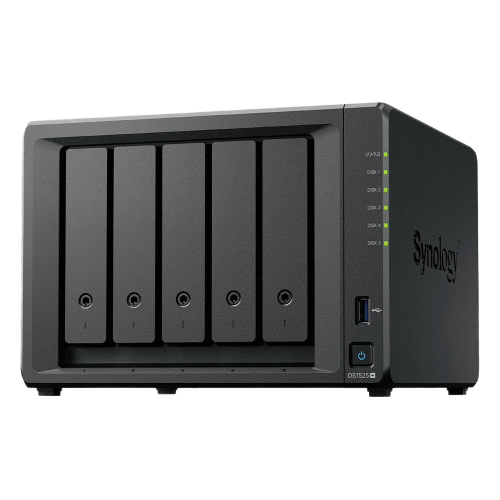NAS Synology DiskStation DS1525+ | 5 Bahías Exp. 15 | AMD Ryzen V1500B 8T DDR4 ECC | 2×2.5GbE + 10GbE | M.2 NVMe Caché SSD | 300TB | VMware Hyper-V | Active Backup | SKU DS1525+