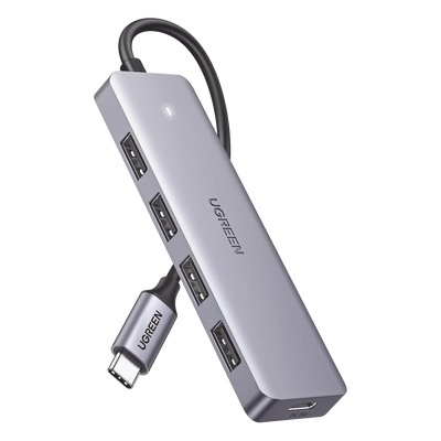 HUB USB-C 3.0 4 EN 1 | 4 Puertos USB-A (5Gbps) | Carcasa ABS + PC | Soporta OTG | Luz Indicadora LED | Compatible con iPhone 15 Pro MAX) | Interfaz Niquelada | Color Gris Metalizado | Cable de 15cm.