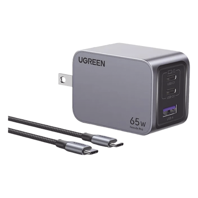 Cargador de 65W serie Nexode Pro | 3 Puertos de Carga Rápida | 2 USB-C | 1 USB-A | Tecnología GaNInfinity | PD3.1 de 65W / QC4.0 | Tecnología de Protección Térmica | Optimiza la Carga | Caja de Aluminio | Incluye Cable U