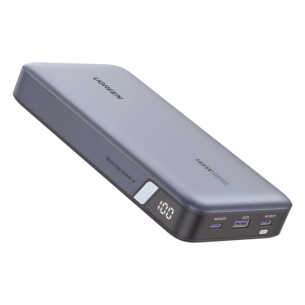 Power Bank UGREEN 90597M | 25,000mAh 145W | 100W MacBook + 45W iPad Simultáneos | PD 3.0 QC 3.0 FCP SCP | Recarga en 2h | 92.5Wh Apto Avión | Pantalla | Gris | Cable 50cm | SKU 90597M