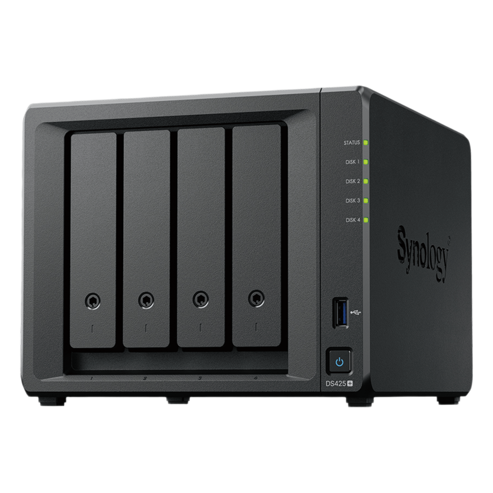 NAS Synology DiskStation DS425+ | 4 Bahías 80TB | J4125 4C | 2.5GbE+1GbE Dual | 2×M.2 NVMe | Active Backup | Synology Drive | PYME 5-10 Usuarios | SKU DS425+
