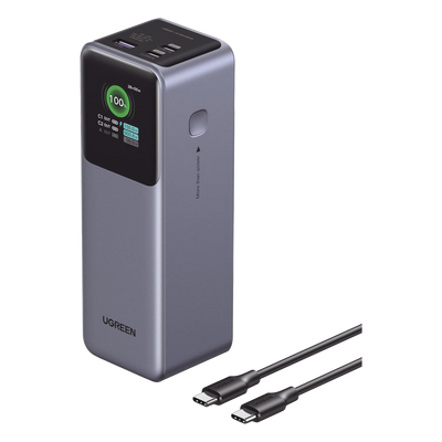 Power Bank de 25000mAh | 3 Salidas 200W Max. | USB-A + 2 USB-C | PD 3.0, QC3.0 | FCP | SCP | Pantalla Inteligente | Carcasa Ignifuga | Color Gris | Incluye Cable USB de 50cm | Carga tu Laptop de Manera Segura.