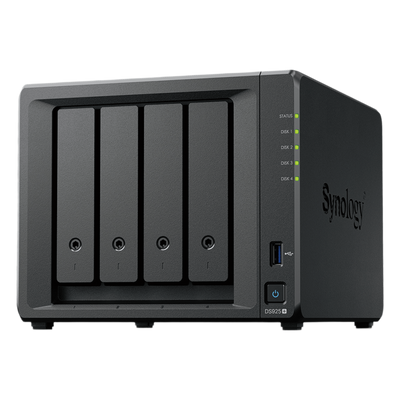 NAS DiskStation DS925+ | 4 Bahías | Expandible a 9 Bahías | 2 Puertos 2.5GbE | 2 Ranuras M.2 NVMe | AMD Ryzen V1500B | 4 GB DDR4 ECC | Hasta 565 MB/s Escritura Secuencial | Compatible con RAID | Synology DSM.