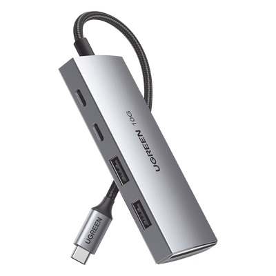 HUB USB-C 3.2 4 en 1 | 2 Puertos USB-C 3.2 (10 Gbps) | 2 Puertos USB-A 3.2 (10 Gbps) |  Admite OTG | Compatible con MacBook, Chormebook, iMac, iPad Pro, iOS, Windows, Mac OS, Android | Carcasa de Aluminio | Nylon Trenzado.