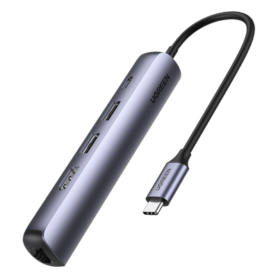 HUB USB-C (Docking Station) 5 en 1 | Ultra Delgado | 2 USB-A 3.1 a (5 Gbps) | HDMI 4K@60Hz | RJ45 (Gigabit Ethernet) | USB-C PD Carga Rápida 100W | Soporta OTG | Chips Inteligentes | Pequeño y Ligero | Caja de Aluminio.