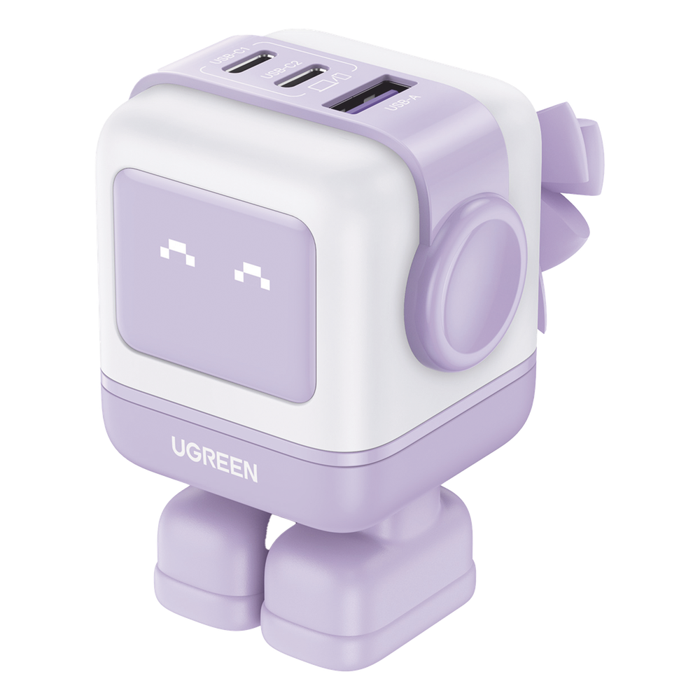 Cargador RobotGaN de 65W Serie UNO | 3 Puertos de Carga Rápida | 2 USB-C | 1 USB-A | PD 3.0 | QC 4.0 | Carga Inteligente | Tecnología GaN II | Zapato Magnético Extraíble | Carcasa Ignífuga | Pantalla LED