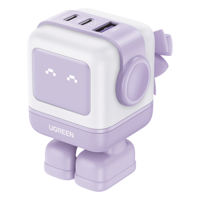 Cargador RobotGaN de 65W Serie UNO | 3 Puertos de Carga Rápida | 2 USB-C | 1 USB-A | PD 3.0 | QC 4.0 | Carga Inteligente | Tecnología GaN II | Zapato Magnético Extraíble | Carcasa Ignífuga | Pantalla LED