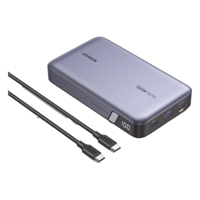Power Bank de 20000mAh | 3 Salidas 100W Max. | USB-A + 2 USB-C | PD 3.0 | QC3.0 | FCP | SCP | Pantalla Inteligente | Carcasa Ignifuga | Color Gris | Incluye Cable USB de 50cm | Carga tu Laptop de Manera Segura.