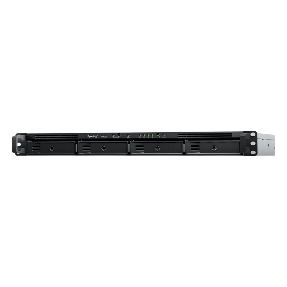 NAS Rack Synology RS822+ | 1U 4 Bahías (exp. 8) | Ryzen V1500B 4C/8T | DDR4 ECC 32GB | 4×1GbE + PCIe 3.0 x8 | SSD NVMe Caché | Fuente Red. Opcional | DSM | PYME Rack | SKU RS822+