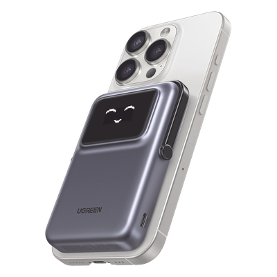 Power Bank Serie UNO Inalambrico | 10000mAh | 7.5W/20W  |  Con Emojis de Estado | Carga Rápida USB-C Bidireccional  | Pantalla TFT  Inteligente | Con Holder | Color Grey.