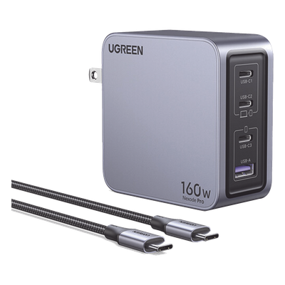 Cargador GaN UGREEN 160W | 3 USB-C + 1 USB-A | USB-C1 140W PD 3.1 | MacBook Pro 16'' Dell XPS 17 ThinkPad | QC5 UFCS PPS SCP | 70×70×33mm | SKU 25876