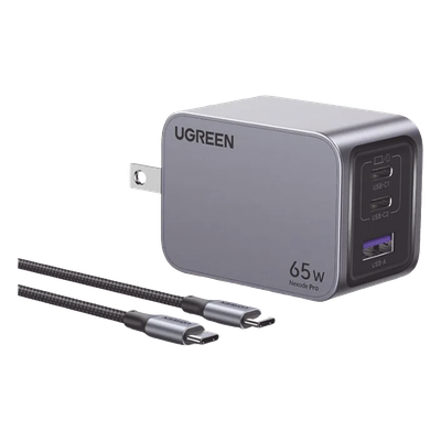 Cargador UGREEN Nexode Pro 65W GaN | 2 USB-C + 1 USB-A | PD 3.1 65W + QC 4.0 | MacBook Air Pro iPad Galaxy | GaNInfinity | Aluminio | Incluye Cable USB-C | SKU 25870